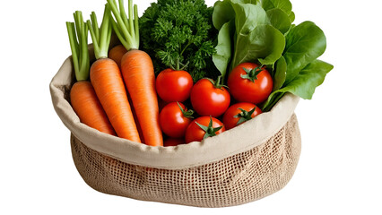 Reusable Cotton Mesh Bag with Fresh Vegetables Isolated on White for Zero Waste Concept