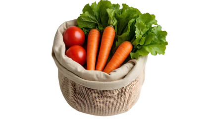 Reusable Cotton Mesh Bag with Fresh Vegetables Isolated on White for Zero Waste Concept