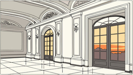 Fototapeta premium An elegant interior architecture drawing, showcasing a grand hall with arches, windows, and ornate details, rendered in a classic style