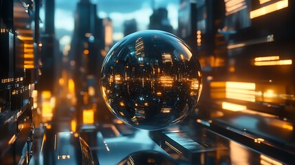 Futuristic robot head with glowing eyes in a neon city image