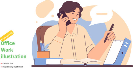 Illustrated Professional Woman Working at Her Desk Taking a Phone Call and Writing Notes in a Modern Office Setting