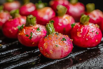 Grilled radish seasoned with spices and herbs on a barbecue grill