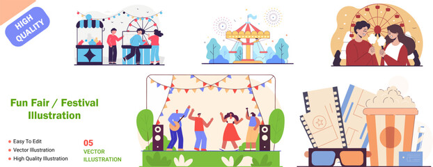 Vibrant Fun Fair Festival Illustration Featuring Carnival Games Rides Live Music and Classic Treats for a Festive Celebration