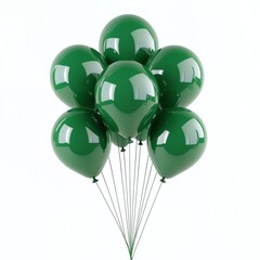 A cluster of seven shiny green balloons tied together with black strings on a white background.