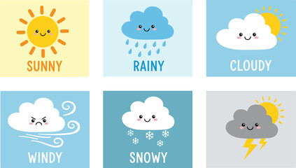 Cute weather icons for forecast, education, design, vector set of sunny, rainy, cloudy, windy, snowy, stormy symbols