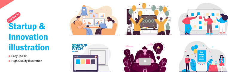Startup and Innovation Vector Illustration Set Showcasing Teamwork Progress Celebrations Ideas and App Launch Events in a Modern Style