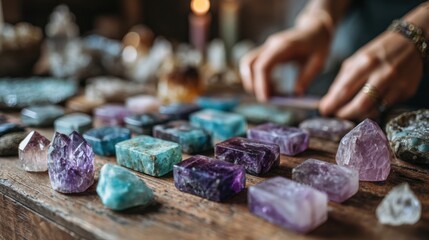 Spiritual healing layout with mystical objects - candles, crystals, herbs on wooden table in soft warm light and cozy holistic atmosphere