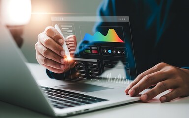 Person using stylus on holographic interface displaying colorful charts and data technology analysis
