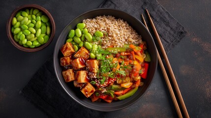Delicious and colorful Asian-inspired tofu bowl with edamame beans, rice and chopsticks