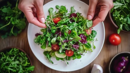 Top-down view of white plate with fresh salad and homegrown herbs, hand placing garnish, clean healthy composition