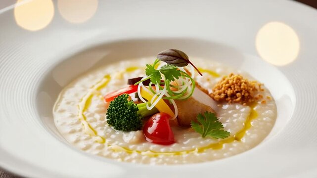 Gourmet chicken and vegetable congee in a white bowl. Healthy Asian rice porridge with fresh toppings. Fine dining meal presentation.