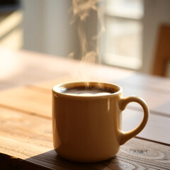 Freshly brewed coffee in warm beige ceramic mug emitting steam in cozy morning atmosphere  