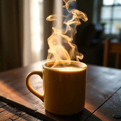 Flat lay of beige ceramic mug filled with fresh coffee for relaxing warm drink themed visuals  
