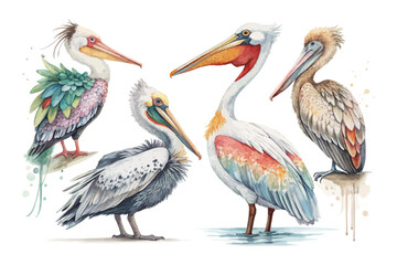 set of watercolor Pelican vector illustration isolated on white background