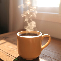 Closeup of steaming hot coffee served in beige ceramic cup with comforting natural tones  