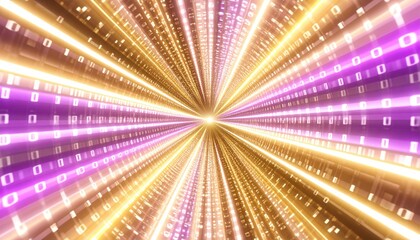 Abstract digital light tunnel with glowing lines and particles in vibrant colors, technology background