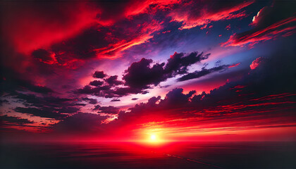  A breathtaking sunset with a crimson sky, where the vibrant red and purple hues of the sky blend beautifully as the sun sets on the horizon.