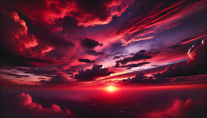  A breathtaking sunset with a crimson sky, where the vibrant red and purple hues of the sky blend beautifully as the sun sets on the horizon.