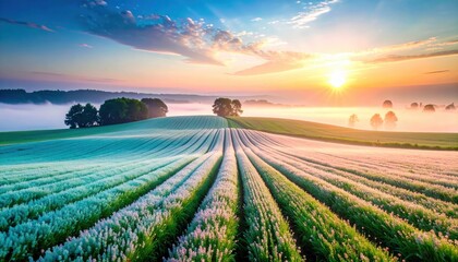 Breathtaking Sunrise Over Flowering Fields with Mist and Vibrant Colors in Early Morning Light