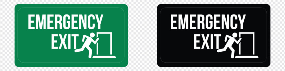 Emergency exit sign set. Man running out fire exit. Running man and exit door sign. Escape help evacuation. Safety vector symbol.