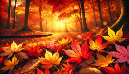 A beautiful autumn scene with maple leaves scattered across the ground, capturing the vibrant colors of fall.