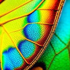 Macro photo of butterfly wing in vivid colors showing intricate scale patterns  