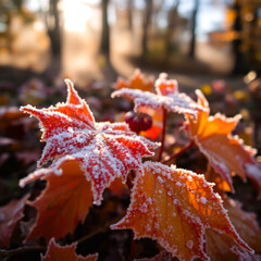 Macro photo of delicate frost covering vibrant autumn leaves in cold morning light  