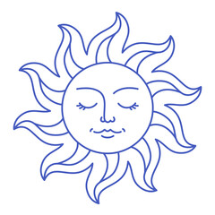 Sun in mediterranean blue. La dolce vita hand drawn sun. Minimal magic abstract outline sun illustration. Vector illustration in trendy flat style