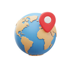 World globe with location pin 3d style, isolated on transparent background

