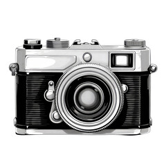 Vintage camera graphic.  Monochrome, detailed illustration of a classic 35mm film camera.  Shiny metal elements contrast with a black body.  Focus on lens and controls