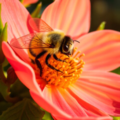Closeup of honeybee in natural environment with visible wings and fine fur texture  