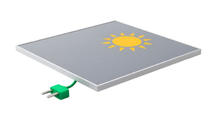 Solar Panel with Sun Icon and Green Plug Representing Renewable Energy Isolated on White