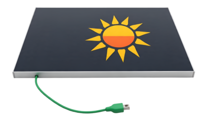 Solar Panel with Sun Icon and Green Plug Representing Renewable Energy Isolated on White