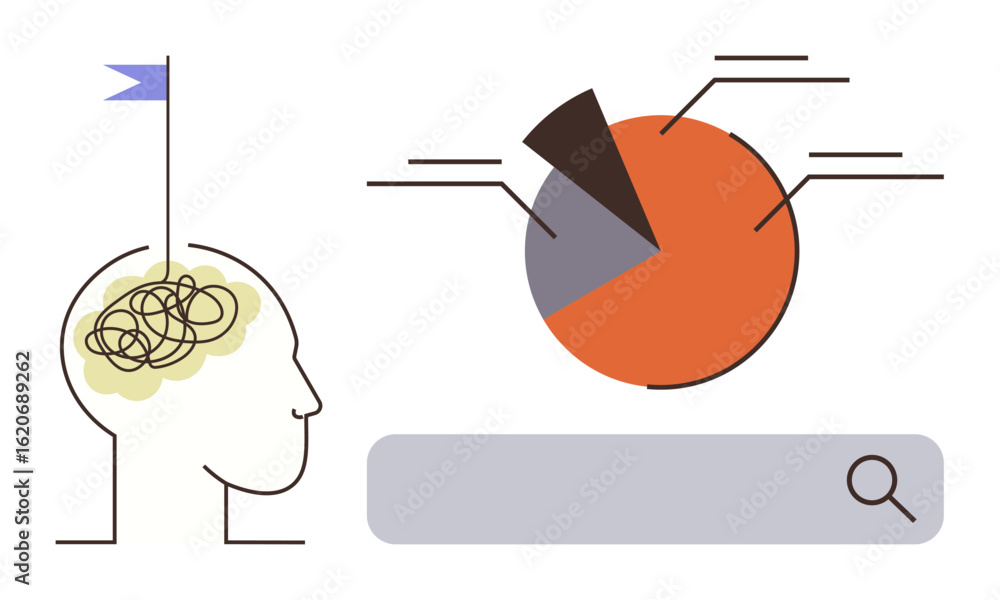 Poster human head with flag and tangled brain lines next to pie chart and search bar. ideal for productivit
