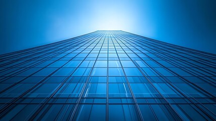 Architectural perspective of a modern skyscraper against a blue sky.