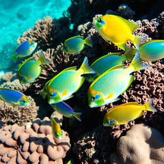 Closeup of colorful tropical fish showing intense hues and glistening scales in water  