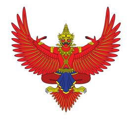 Line art illustration vector of red Garuda mythical or legendary creature with half human and bird- Vishnu god carrier in Hindu design drawing in colorful