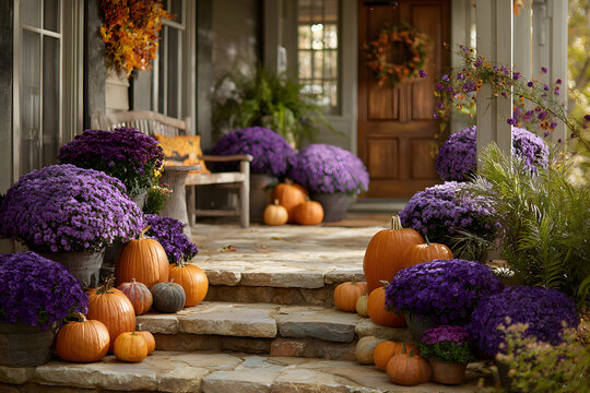 Halloween pumpkins and flowers on front porch, exterior home decor, seasonal decorations, orange and purple