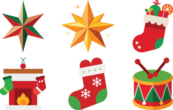 Vector art of assortment of christmas decorations including stars, stockings, a fireplace, and a drum, isolated on transparent background