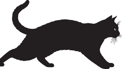 Crouching cat ready to pounce, side view silhouette,  art on white background