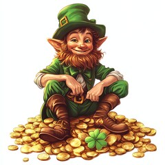 Leprechaun sitting on a pile of gold coins with a shamrock.