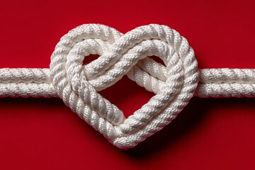 Heart-shaped knot crafted from white rope against a bold red backdrop