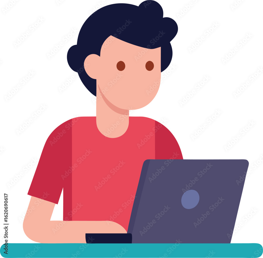 Poster man working on laptop isolated on transparent background