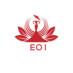 EOI Letter Logo. EOI Fashion Logo with Elegant Woman Silhouette, Hat, and Leaf Motif  Boutique, Beauty, or Event Branding Design.

