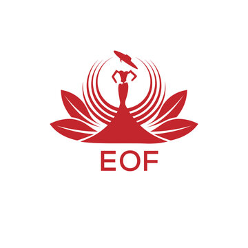 EOF Letter Logo. EOF Fashion Logo with Elegant Woman Silhouette, Hat, and Leaf Motif  Boutique, Beauty, or Event Branding Design.
