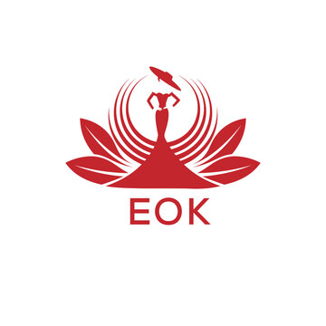 EOK Letter Logo. EOK Fashion Logo with Elegant Woman Silhouette, Hat, and Leaf Motif  Boutique, Beauty, or Event Branding Design.
