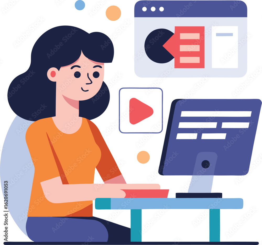 Poster woman working on computer with online content isolated on transparent background