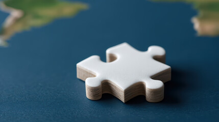 A close-up of a single white puzzle piece on a dark surface with blurred pieces in the background.