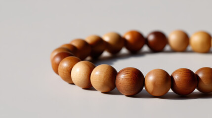 A close-up image of a wooden bead bracelet with smooth, round beads in varying shades of brown arranged in a circle on a light surface.