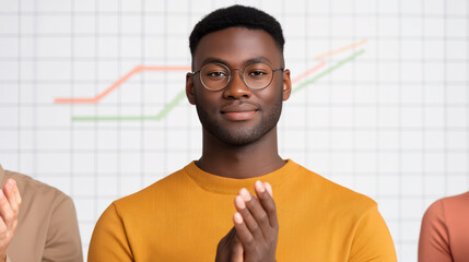 Confident young man in glasses and a mustard sweater applauds, with a business graph blurred in the background.